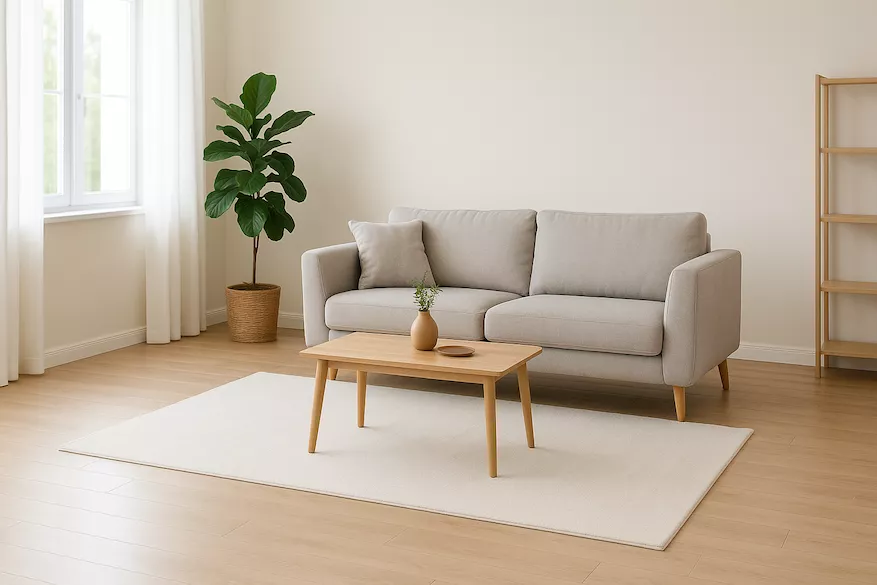 “Skinande rent vardagsrum med städutrustning undanplockad – symboliserar grundlig städning före homestyling och bostadsfotografering för ett fräscht och välkomnande intryck”